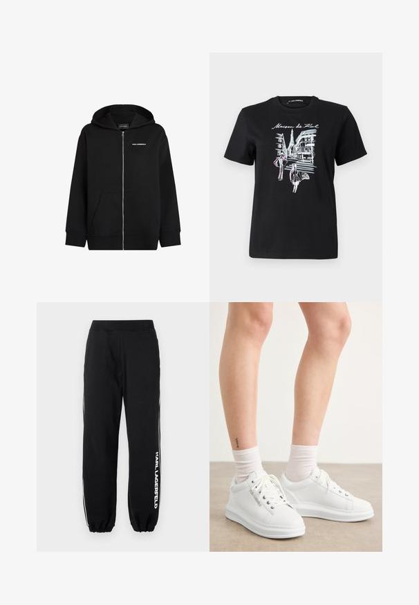 Svart zip-up hettegenser laget av myk stoff. Den har en lomme foran, en hette med snor, og en hvit "Karl Lagerfeld" logo på brystet.; Svart bomull t-skjorte med grafisk design av parisiske gater med et tårn, aksentert med rosa og hvit linjekunst. Rund hals.; Svart joggebukse med elastisk liv og mansjetter, med hvite sidestriper og "KARL LAGERFELD" logo på venstre ben. Mykt stoff.; Hvite skinn-sneakers med glatt tekstur, rund tå og flat gummisåle. Snøringen er synlig, og sokkene har hvit mansjett.
