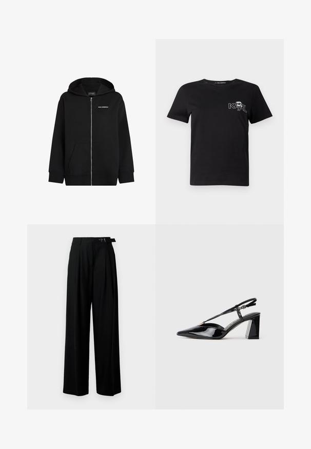 Svart zip-up hettegenser laget av myk stoff. Den har en lomme foran, en hette med snor, og en hvit "Karl Lagerfeld" logo på brystet.; Svart kortermet t-skjorte laget av bomull. Har et hvitt grafisk trykk med teksten "KARL" og en stilisert figur på brystet. Rund hals.; Svarte vide bukser med høy livlinje, folder foran og belte med spenne. Laget av glatt, lett materiale.; Sorte lakkormede slingback høye hæler med spiss tå, justerbar stropp og kraftig rektangulær hæl.