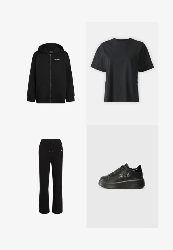 Čierna mikina na zips vyrobená z jemného materiálu. Obsahuje predné vrecko, kapucňu so sťahovacou šnúrkou a biele logo "Karl Lagerfeld" na hrudi.; Čierne tričko s krátkym rukávom z bavlny, vo voľnom strihu, s kontrastným postranným panelom, na ktorý sú umiestnené malé nápisy a designové detaily.; Čierne tepláky s voľným strihom, sťahovacím pásom a detailami na cvočky pri členku. Vyrobené z mäkkého, priedušného materiálu.; Čierne platformové tenisky s hladkým koženým zvrškom, rovnými šnúrkami a vyšívaným logom "Karl" na boku. Zaoblená špička a hrubá podrážka.
