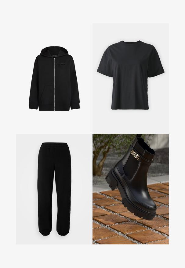 Fekete cipzáras kapucnis pulóver, puha anyagból készült. Elülső zsebbel, húzózsinóros kapucnival rendelkezik, és a mellkason fehér "Karl Lagerfeld" logó található.; Fekete, rövid ujjú pamut póló, laza szabású, kontrasztos oldalsó panelekre jellemző kis szöveggel és dizájn részletekkel.; Fekete melegítőnadrág, rugalmas derékkal és szegélyekkel. Puha anyagból készült, amelyen egy finom mintázat található a bal lábszáron.; Fekete bőr bokacsizma tömzsi gumitalppal, elasztikus oldalsó panelekkel és arany részletként a "GUESS" márkázással.
