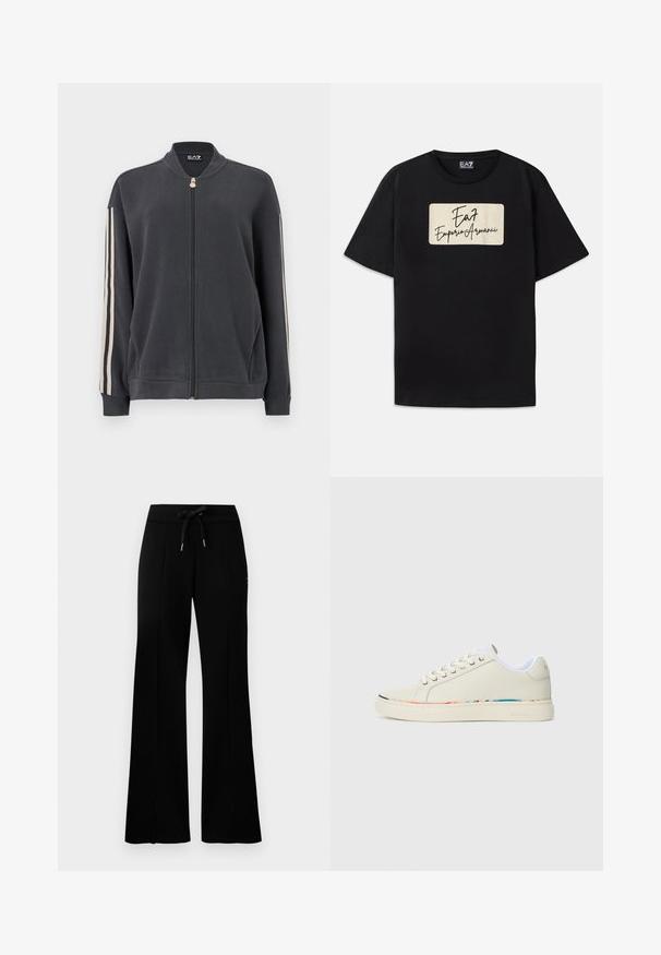 Tumehall kapuutsiga dressipluus seiseva kraega, millel on valged küljeribad ja soonilised varrukaotsad. Valmistatud pehmest kangast ilma nähtavate mustriteta.; Must musta T-särk, millel on kreemjas värvuses ristkülikukujuline brändi logo käsitsi kirjutatud stiilis tekstiga. Lühikesed varrukad ja standartne lõige.; Musthave laiad mustan värvi dressipüksid, millel on reguleeritav vöökoht, külgedel lõhikud, pehme kangas ja elegantne disain.; Kreem valged madalad tossud, millel on nööridega disain, valge sisevooder ja peen multivärviline äär sole ääres, külgvaade.