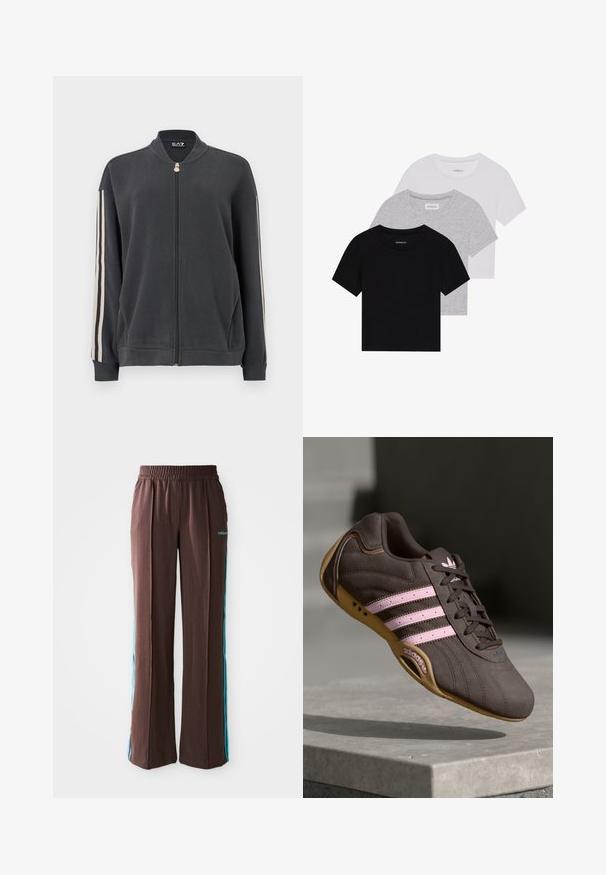 Temno siva jopa z zadrgo in stoječim ovratnikom, z belimi črtami na straneh in rebrastimi manšetami. Iz mehkega blaga brez vidnih vzorcev.; Komplet treh majic s kratkimi rokavi v črni, sivi in beli barvi. Izdelane iz bombaža, z okroglim izrezom in preprostim, enobarvnim dizajnom.; Rjave športne hlače z ribasto teksturo, elastičnim pasom in turkiznimi stranskimi črtami. Na sprednji strani je logotip adidas.; Rjave semiš tene za šport z rožnatimi črtami in logotipom, ki imajo teksturirano zgornji del, vezalke in podplat iz gume.