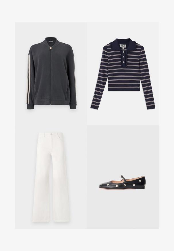 Tmavě šedá mikina na zip s stojáčkovým límcem, bílými bočními pruhy a žebrovanými manžetami. Vyrobená z měkké látky bez viditelných vzorů.; Námořnická košile s dlouhým rukávem s růžovými horizontálními pruhy, řaseným límcem a trojicí knoflíků na přední straně; vyrobeno z měkkého, elastického materiálu.; Bílé džíny s vysokým pasem a širokými nohavicemi vyrobené z denimové látky. Mají zapínání na knoflík, dvě přední kapsy a boční švy se švy.; Černé kožené baleríny typu Mary Jane s kulatou špičkou, zdobené stříbrnými kulatými nýty a nastavovacími popruhy se sponou.
