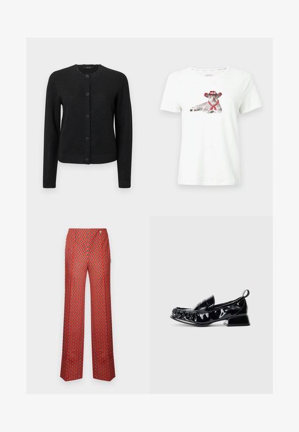 Svart cardigan med teksturert mønster, rund hals, lange ermer og knappestenging med dekorative blomsterformede knapper.; Hvit bomulls-t-skjorte med trykk av en leopard som har på seg en rød cowboyhatt og et rødt skjerf. Kortermet med en avslappet passform.; Røde bukser med vide ben og et diamantmønster i svart og hvitt. Materialet virker glatt; har midjebånd og frontfolder.; Svart lakkskinn loafer med kvadratisk tå, samlet detaljering, lav blokkinnsats, og pull-tab bak på en hvit bakgrunn.