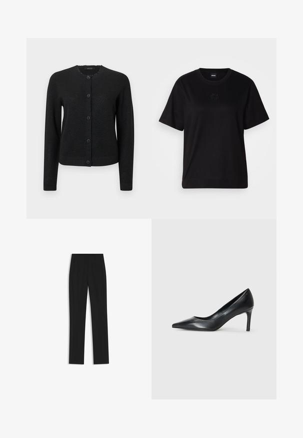 Cardigan noir avec un motif texturé, encolure ronde, manches longues et fermeture à boutons ornés de boutons décoratifs en forme de fleurs.; T-shirt en coton noir avec un col rond, des manches courtes et un logo brodé sur la poitrine. Coupe simple et décontractée sans motifs.; Pantalon noir ajusté avec une coupe droite, doté de poches avant et d'un tissu lisse et texturé. Détails soignés et minimalistes.; Escarpin noir en cuir à bout pointu avec un talon fin, texture lisse et sans embellissements visibles. Design épuré avec une esthétique minimaliste.