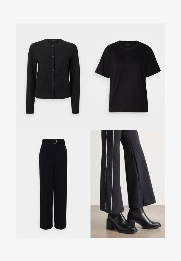 Black cardigan with a textured pattern, round neckline, long sleeves, and button closure featuring decorative floral-shaped buttons.; Black cotton t-shirt with a crew neckline, short sleeves, and an embroidered logo on the chest. Simple, relaxed fit with no patterns.; Black tailored pants with a wide-leg silhouette, featuring a belt with a silver buckle, pleats, and a smooth fabric texture.; Black leather ankle boots with a block heel, featuring elastic side panels. Paired with black pants that have a white side stripe.