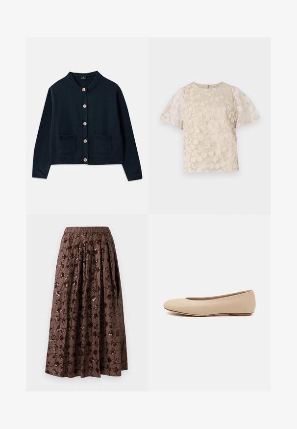 Cardigan lavorato a maglia navy con scollatura rotonda, sei bottoni in legno e due tasche frontali; il bordo e i polsini a costine offrono texture.; Blusa beige con ricami floreali, maniche a sbuffo trasparenti, scollatura tonda e chiusura con cerniera sul retro. Motivo floreale testurizzato sul pannello anteriore.; Gonna midi marrone con vita elastica, caratterizzata da decorazioni floreali in paillettes, design plissettato e una texture di tessuto liscia.; Ballerine in pelle beige con punta arrotondata, dettagli di cucitura minimi, tacco basso e logo discreto sul retro. Texture liscia e opaca.