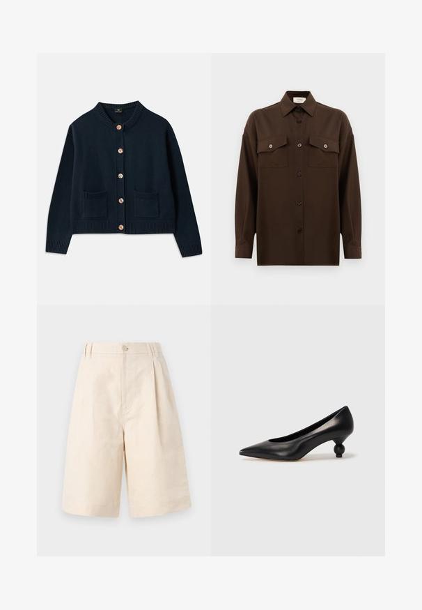 Cardigan tricoté marine avec un col rond, six boutons en bois et deux poches avant ; l'ourlet et les poignets côtelés apportent de la texture.; Chemise à manches longues brun foncé avec boutons, dotée de deux poches poitrine à rabat et d'un col classique, présentée sur un fond blanc uni.; Shorts en lin beige avec une coupe décontractée, présentant une fermeture à bouton, un design plissé et une longueur à mi-genou. Texture lisse et style simple.; Chaussure à talon haut en cuir noir avec un bout pointu et un talon arrondi. Texture lisse avec un design épuré et minimal.