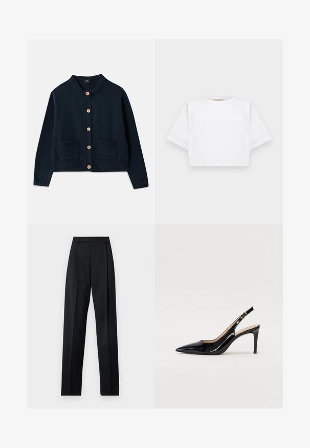 Marine gebreide cardigan met ronde hals, zes houten knopen en twee voorzakken; geribbelde zoom en manchetten zorgen voor textuur.; Gemiddelde witte T-shirt gemaakt van zachte stof, met korte mouwen, een ronde halslijn en geribbelde zoomdetails. Eenvoudig en ongecompliceerd ontwerp.; Zwarte broek gemaakt van gladde stof met een hoge taille, wijde benen, voorplooien en klassieke ceintuurlussen. Geen zijzakken zichtbaar.; Zwarte gepatineerde leren slingback pump met een puntige neus, slanke hak en een subtiel uitgesneden ontwerp. Bevat een gouden gesp op de band.