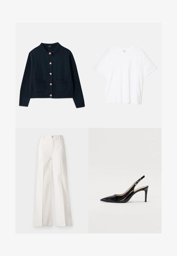 Navy knitted cardigan with a round neckline, six wooden buttons, and two front pockets; ribbed hem and cuffs provide texture.; White cotton t-shirt with short sleeves, round neckline, relaxed fit, and stitched hem. Label visible on the inside neck.; White wide-leg trousers made from cotton with a smooth texture. Features a front button, zipper fly, and four-pocket design.; Black patent leather slingback pump with pointed toe, slim heel, and a subtle cutout design. Features a gold buckle on the strap.