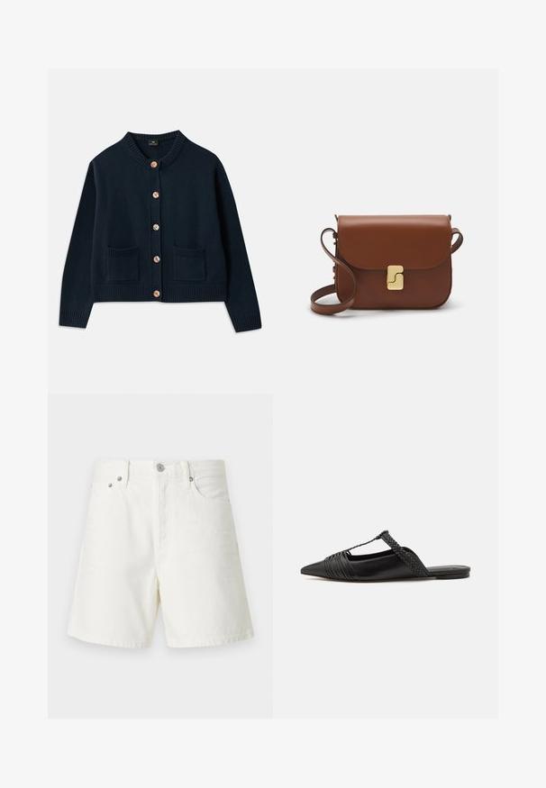 Námořnický pletený kardigán s kulatým výstřihem, šesti dřevěnými knoflíky a dvěma předními kapsami; žebrovaný lem a manžety dodávají texturu.; Dlhý rukáv, svetlo béžový top s okrúhlym výstrihom. Vyrobený z mäkkej látky, má stredový šev a mierne zakrivený spodný okraj. Bez viditeľného hardvéru.; Biele riflové šortky so rovnými nohavicami, päťbúchovým dizajnom, predným zapínaním na gombík, strieborným kovovým príslušenstvom a prešitými detailmi.; Čierne kožené sandále so špičatou špičkou, ktoré majú tkaný detail a zborený dizajn vrchnej časti. Plochá podrážka s minimálnym hardvérom.; Hnedá kožená kabelka s klopou, zlatými kovovými prvkami, ramenným popruhom a hladkým povrchom. Kompaktný obdĺžnikový tvar.