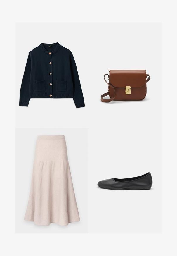 Granatowy sweter z dzianiny, z okrągłym dekoltem, sześcioma drewnianymi guzikami i dwiema przednimi kieszeniami; prążkowany dół i mankiety nadają mu teksturę.; Biała koszulka krótki rękaw wykonana z materiału prążkowanego. Okrągły dekolt, regularny krój i subtelne detale szwów. Bez wzorów ani grafik.; Jasnobeżowa rozkloszowana spódnica z miękkiego materiału, z wysokim stanem i marszczonym wzorem o zwiewnej sylwetce.; Czarne skórzane baletki z zaokrąglonym noskiem, gładką fakturą, minimalnymi przeszyciami i elastycznym designem podeszwy.; Brązowa skórzana torebka na ramię z klapką, złotymi detalami, paskiem na ramię i gładką teksturą. Kompaktowy prostokątny kształt.