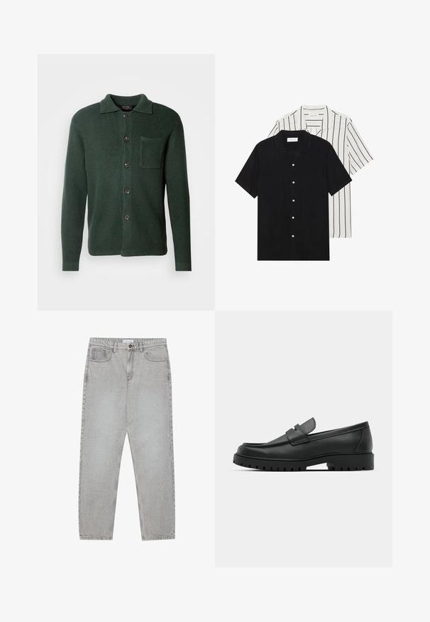 Tumed roheline kardigan, mis on valmistatud tekstuursete kangast, nupuga ees, rinnakotiga ja klassikalise kraediseniga.; Kaksi lyhythihaista puseroa: yksi yhtenäinen musta, toinen valkoinen mustilla pystyraitoilla. Molemmissa on napitus ja klassinen kaulus.; Vaaleanharmaat farkut, joissa on suora lahje, viisi taskua ja nappisulku. Saumojen varrella näkyvä ompelu.; Musta nahkaloafers, joissa on pyöreä kärki, ommeltu pinta, matala alusta ja kuvioitu, kuminen ulkopohja.