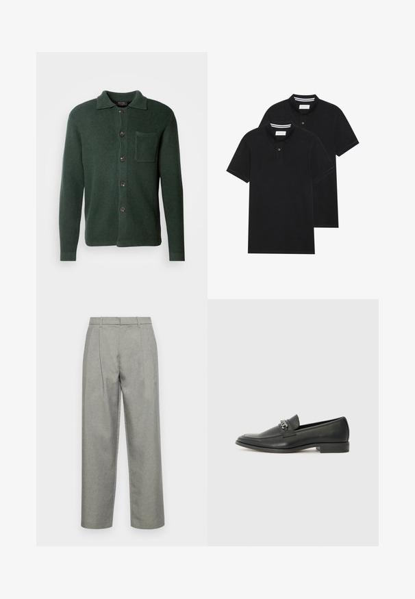 Tmavo zelený cardigan vyrobený z textúrovanej látky, s predným zapínaním na gombíky, hrudnou vreckom a klasickým dizajnom goliera.; Dvé čierne polo tričká, krátke rukávy, vyrobené z bavlny, s klasickým golierom, dvojitým gombíkom a bielymi pruhmi vo vnútri goliera.; Sivé upravené nohavice z textúrovanej tkaniny, so strihom s rovnými nohavicami, prednými záhybmi a štandardným pásom s pútkami na opasok.; Čierne kožené loafers s hladkým povrchom, s prešitým dizajnom a dekoratívnym kovovým reťazovým akcentom cez priehlavok. Plochý podpätok.