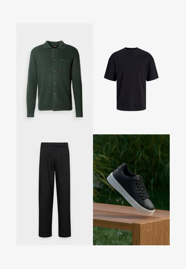 Gilet vert foncé en tissu texturé, doté d'un devant à boutons, d'une poche poitrine et d'un design de col classique.; T-shirt en coton noir avec un col ras du cou, des manches courtes et une coupe décontractée. Texture lisse sans motifs ni accents visibles.; Pantalons noirs en tissu lisse, avec une coupe droite, deux plis avant et une taille standard avec passants de ceinture.; Baskets en cuir noir avec une texture lisse, semelle en caoutchouc blanc, et six œillets pour les lacets, disposées sur une surface en bois.