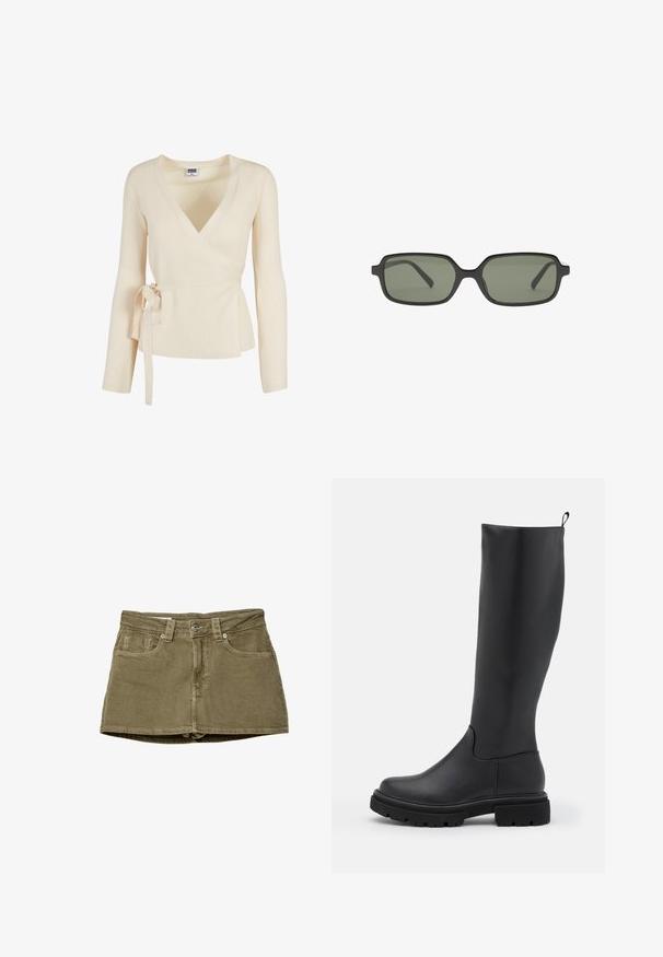 Beige ribattoppi, jossa on syvä V-pääntie, pitkät hihat ja vyötäröllä solmittava yksityiskohta. Pehmeä rakenne hienovaraisella kuviolla.; Valkoinen lyhythihainen t-paita, joka on valmistettu sileästä kankaasta, ja jossa on pyöreä pääntie sekä hillityt ompelutiedot helmassa.; Oliivinvihreä farkkuminihame, jossa on etutaskut, suora leikkaus ja nappikiinnitys. Pehmeä kangas, jossa näkyvät saumadetailit.; Mustat polven yli ulottuvat saappaat, jotka on valmistettu sileästä, matasta materiaalista. Saappaat ovat paksupohjaiset, pyöristetyn kärjen omaavat ja niissä on vetotappi ylhäällä, mikä helpottaa pukemista.; Mustat suorakulmaiset aurinkolasit tummanvihreillä linsseillä, joissa on litteä muotoilu, minimalistiset sivut ja kevyet kehykset mukavuutta varten.; Musta mokkanahka hobo-laukku, jossa on kaareva, pehmeä muoto ja yksi olkahihna. Sisältää vetoketjukiinnityksen ja sileän, kiiltävän pinnan.