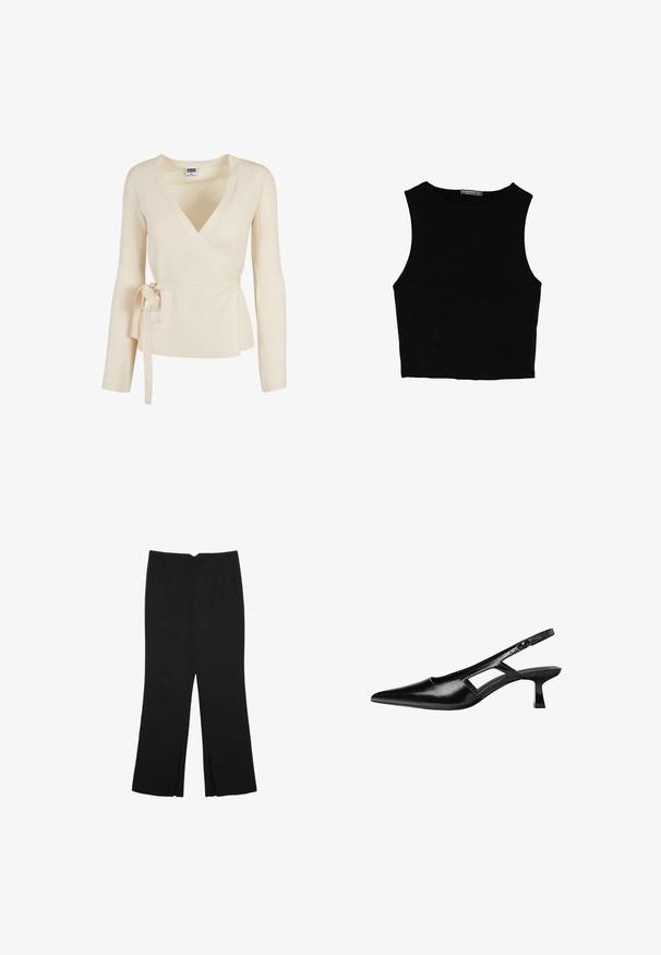 Beige geripptes Wickeltop mit tiefem V-Ausschnitt, langen Ärmeln und einer gebundenen Detail an der Taille. Weiche Textur mit dezentem Muster.; Schwarzes ärmelloses Crop-Top aus glattem Stoff, mit rundem Ausschnitt und einem klaren, schlichten Design ohne Muster oder Beschläge.; Schwarze Hose mit geradem Schnitt, ausgestattet mit Fronttaschen und Seitenschlitzen am Saum. Hergestellt aus weichem, glattem Stoff. Geeignet für verschiedene Anlässe.; Schwarze Lackleder-Slingback-High Heels mit spitzer Zehenform, ausgeschnittenem Seitendesign und kleinem Blockabsatz. Glatte Textur mit minimalen Akzenten.