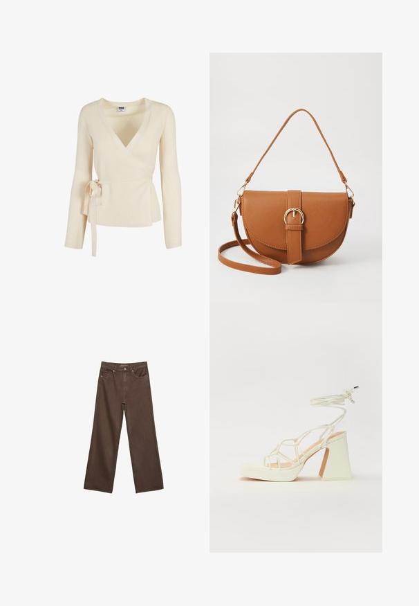 Béžový žebrovaný top s hlubokým výstřihem do V, dlouhými rukávy a detailem vázání v pase. Měkká textura s jemným vzorem.; Krémové tričko s krátkým rukávem vyrobené z měkké bavlny. Má kulatý výstřih a volný střih s minimálními švy.; Hnědé džíny s širokými nohavicemi vyrobené z denimu, s vysokým pasem, předními kapsami a klasickým zapínáním na knoflík. Hladká textura s jemným švem.; Bílé sandály na vysokém podpatku s robustním podpatkem, s designem s pásky a zavazováním kolem kotníku. Hladký povrch s platformou vpředu pro zvýšení výšky.; Hnědá kožená křížová taška s zakřiveným tvarem, zlatými detaily a akcentem s přezkou. Obsahuje odnímatelný popruh na rameno.
