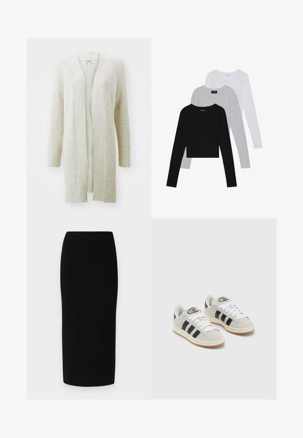 Cardigan long en maille beige clair à fermeture ouverte à l'avant. Doté de poignets et d'un ourlet côtelés, avec un motif texturé sur le corps. Matériau doux et confortable.; Trois hauts à manches longues empilés : noir, gris et blanc. Chacun a un col rond et un design court avec un tissu lisse et léger.; Jupe midi en tricot noir avec une silhouette ajustée, dotée d'une large taille élastique et d'une texture lisse, sans motifs ou accents discernables.; Baskets en suède gris avec des lacets blancs, des rayures noires et une semelle en caoutchouc blanc. Présentent un logo circulaire sur la languette et une semelle en gomme.