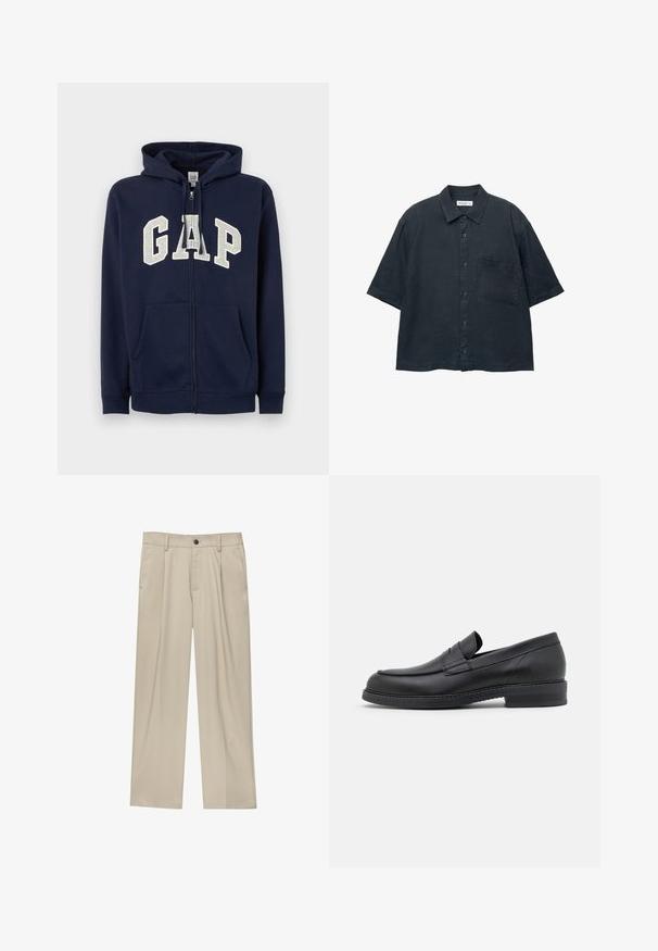 GAP HERITAGE LOGO - Sweatjacke - tapestry navy; Dunkelblauses Kurzarm-Hemd mit Knopfleiste, aus leichtem Stoff gefertigt, mit einer Brusttasche und einem klassischen Kragen-Design.; Beige Hosen mit geradem Schnitt, ausgestattet mit einem einzelnen schwarzen Knopf, Gürtelschlaufen und Seitentaschen. Glatte Stofftextur und minimalistisches Design.; Schwarze Leder-Slipper mit runder Spitze, gestickten Details und niedrigem, Blockabsatz. Mit einer glatten Textur und minimalistischem Design.