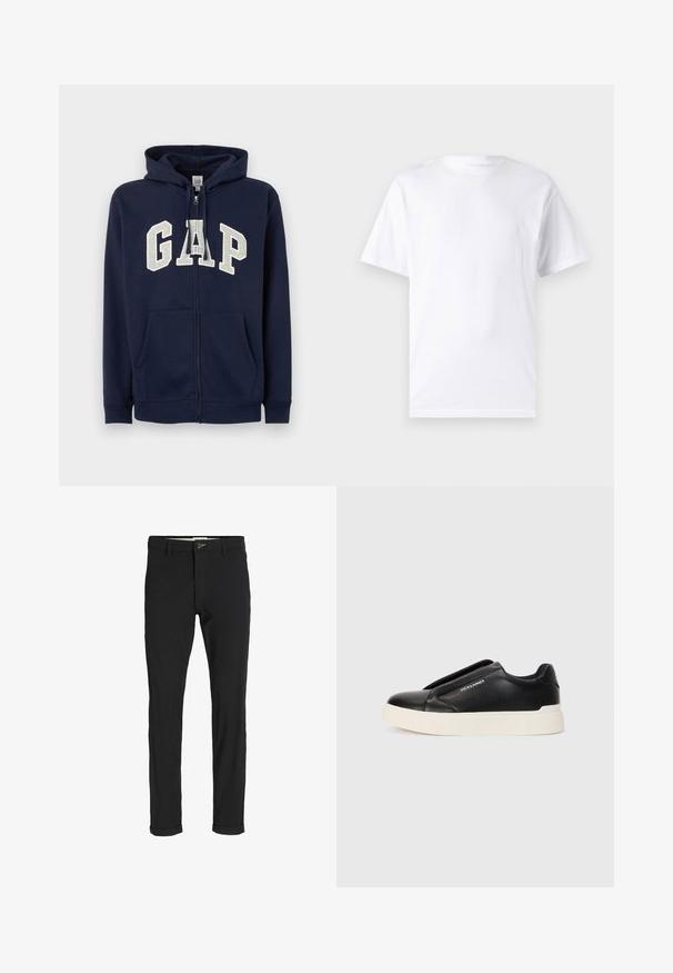 GAP HERITAGE LOGO - Sweater met rits - tapestry navy; Witte T-shirt met korte mouwen, gemaakt van katoen, met een ronde hals. Het heeft een gladde textuur en een eenvoudig ontwerp zonder patronen of accenten.; Zwarte katoenen broek van een katoenmix met een slim fit, voorzien van een knoopsluiting, zakken en opgerolde mouwen voor een casual afwerking.; Zwarte slip-on sneaker met een gestructureerde leren bovenkant, witte rubberen zool en geen zichtbare veters. Beschikt over het merkembleem aan de zijkant.