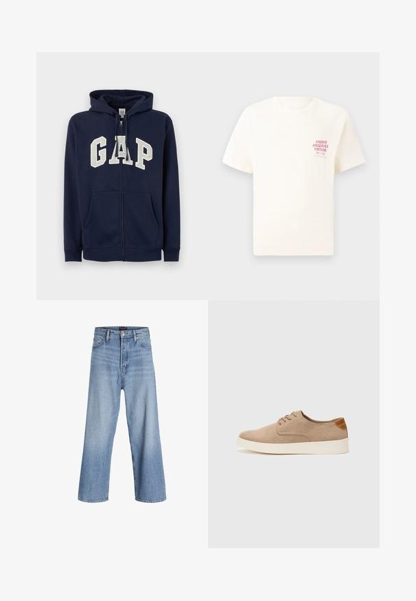 GAP HERITAGE LOGO - Jaka ar rāvējslēdzēju - tapestry navy; Balts īsām piedurknēm T-krekls ar sarkanu tekstu "Studio Originals Edition" uz kreisā krūšu, pakārtots neitrālā pelēkā fonā.; Gaiši zili džinsu bikses ar platām kājām un augstu jostu, kas aprīkotas ar pogu aizdari, piecu kabatu dizainu un vieglu izbalējušu efektu. Tīra apdare.; Beige zamšādas kedas ar noapaļotu purngala daļu, auklēm saplacinātu priekšpusi un teksturētu aizmugures akcentu. Balta gumijas zole nodrošina kontrastu. Vienkāršs un mūsdienīgs dizains.