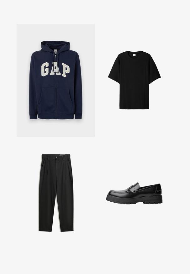 GAP HERITAGE LOGO - Felpa con zip - tapestry navy; Maglietta nera a maniche corte con collo rotondo, caratterizzata da una vestibilità rilassata e una superficie testurizzata. Design semplice; senza grafiche o accenti.; Pantaloni in cotone neri con una vestibilità rilassata, dotati di una vita classica, pieghe frontali e tasche laterali. Tessuto liscio senza fantasie.; Mocassino in pelle nera con suola spessa e tassellata e fascia decorativa sulla parte superiore, mostrato in profilo sinistro su sfondo bianco.