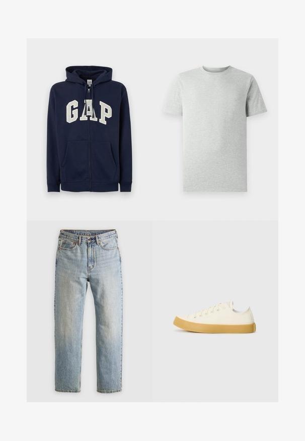 GAP HERITAGE LOGO - Bluză de molton cu fermoar - tapestry navy; Tricou scurt cu mânecă, de un gri deschis, expus pe un fundal alb, văzut din față, fără logo-uri sau desene vizibile.; Jeans din denim de culoare albastru deschis, cu talie înaltă, nasture frontal, fermoar și design cu cinci buzunare, așezate platesc pe un fundal neutru.; Tenisi din pânză de culoare albă murdară, cu vârf rotund, dotati cu talpă din cauciuc bej și cinci găuri pentru șireturi, cu un finisaj texturat pe partea superioară.