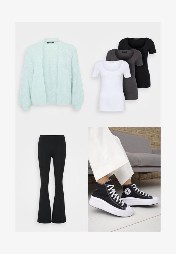 Light mint green cardigan, open front, textured knit fabric, loose fit, long sleeves with ribbed cuffs, soft appearance.; Three fitted T-shirts in white, gray, and black. Each features a wide scoop neckline and short sleeves. Made from smooth, stretchy fabric.; Black flared pants made of stretchy fabric, featuring a high waistband and a smooth texture. The pants flare out from the knee.; Black high-top sneakers with white rubber soles and laces. Features a round logo patch and contrasting white stitching. Canvas material.