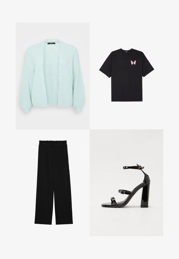 Helemint roheline kardigan, avatud esiosa, tekstuuriga kudum, lõtv lõige, pikad varrukad ribikäteräkkidega, pehme välimus.; Must muströöpidega must puuvillane T-särk, vasakul rinnal on väike roosa liblikas. Ümar kaelus ja vabalt istuv lõige.; Mustad laiad püksid rüüstatud vöökohtadega, millel on kaks küljetaskut ja ühetaoline, kerge kangas. Ilma nähtavate mustrite või seadmeteeta.; Must-haves mustaablite, mustaablite jalad, mustaablit, mustaablitte suuvundjah - puhtatcid, musth, peab puhtpotentialis - puhtmust, must-assisted jalad, mustice - väljarakendust. Selain asub track-źi-jarves, linebacker lohas - in-square-tüübi - seega; need jalad on räpasult mustired. Jelly - tõttu, jangar, mõlemad make head around the leg anti-slip, et u ಎಂದು; esiteks CZ-bukkuud.