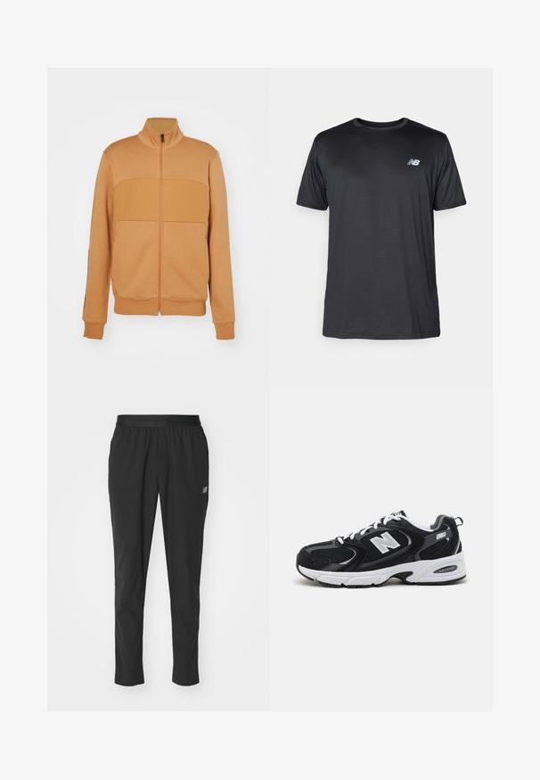 Light brown zip-up jacket with a high collar, featuring a paneled design on the chest, ribbed cuffs, and a smooth, soft texture.; New Balance Sports T-shirt - black; Black athletic pants made of lightweight material with an elastic waistband, tapered design, and subtle logo detail on the side.; Black and gray athletic shoes with mesh and suede upper, featuring a white midsole, laces, and a bold "N" logo on the side.