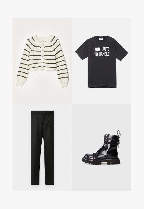 Kremowy kardigan w ciemnozielone paski, dzianinowa tekstura, skrócony fason, okrągły dekolt oraz zapięcie na pięć guzików z przodu.; Czarna bawełniana koszulka z krótkim rękawem i okrągłym dekoltem, z białym napisem "ZA GORĄCA, ŻEBY TO ZNIEŚĆ" z przodu.; Czarne spodnie wykonane z gładkiego materiału, z dopasowanym krojem, prostymi nogawkami oraz płaskim pasem bez widocznych zapięć lub kieszeni.; Czarny lakierowany botek z grubą podeszwą, okrągłym noskiem i detalami sznurowania. Ma owinięte sznurówki oraz pętelkę na pięcie.