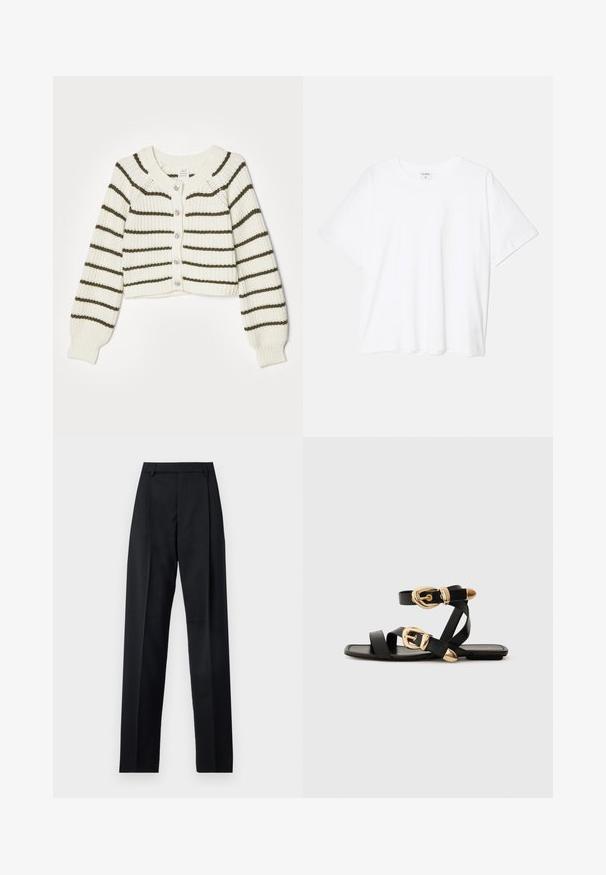 Krem kardigan z dark green črtami, pletena tekstura, skrajšan dizajn, okrogla izreza in pet gumbov na sprednji strani.; Bela bombažna majica s kratkimi rokavi, okroglim izrezom, sproščenim krojem in šivanim robom. Oznaka vidna na notranji strani izreza.; Črne hlače iz gladkega materiala, ki imajo visok pas, široke noge, sprednje nabore in klasične zanke za pas. Nevidni stranski žepi.; Črne usnjene sandale z zlatimi zaponkami, ki imajo več trakov in ravno podplati za nošenje brez prstov.