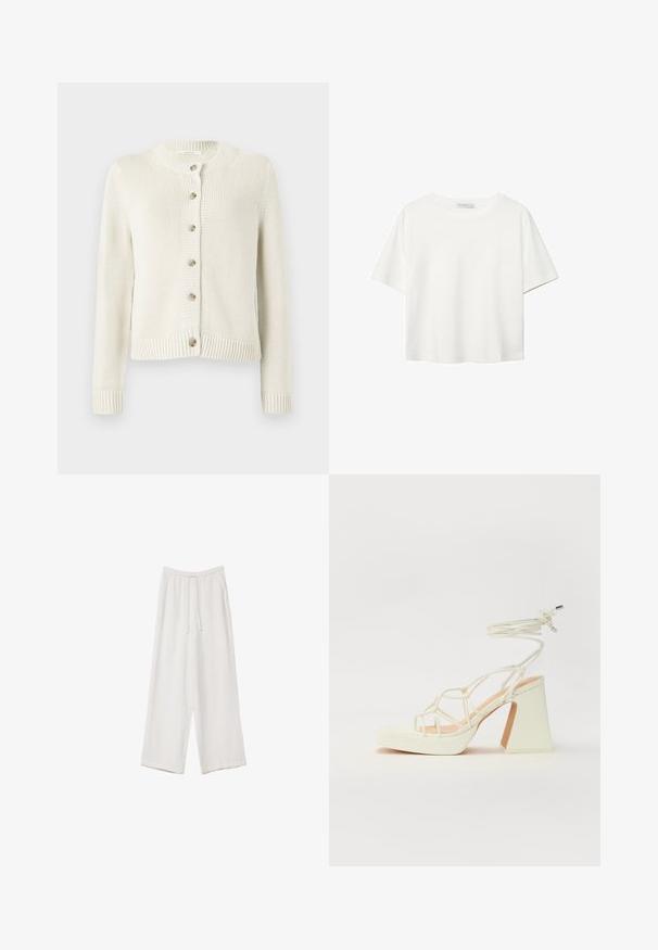 Pletena kabanica u krem boji s okruglim izrezom, dugim rukavima i prednjim zatvaranjem na šest dugmadi. Ima rebraste manžete i donji rub.; Bijela majica kratkih rukava od pamuka. Ima okrugli izrez i opušteni kroj. Glatka tekstura bez vidljivih uzoraka ili naglasaka.; Bijele hlače širokih nogavica napravljene od lagane tkanine. Imaju elastičan pojas s ušicom i bočne džepove. Glatka tekstura.; Bijela sandala na visokoj potpetici s debelim petom, s remenom i vezanjem oko gležnja. Glatka tekstura s platformom sprijeda za dodatnu visinu.