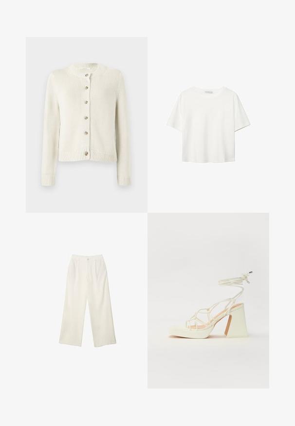 Neulecardigan vaaleassa värissä, jossa on pyöreä pääntie, pitkät hihat ja kuusi napin edestä suljettavaa. Sisältää ribbineulevuoret hihoissa ja helmassa.; Valkoinen lyhythihainen T-paita, joka on tehty puuvillasta. Siinä on pyöreä kaula-aukko ja rento malli. Silkkinen pinta ilman näkyviä kuvioita tai koristeita.; Kermanhousut vaaleassa kankaassa, jossa on sileä rakenne, yksittäinen etunappi, hienovaraiset laskokset ja korkea vyötärömuotoilu.; Valkoinen korkokenkä, jossa on paksu korko, ja joka sisältää nauhakiinnityksen ja nilkkaketjun. Sujuva pinta, jossa on platform-etupohja lisäkorkeutta varten.