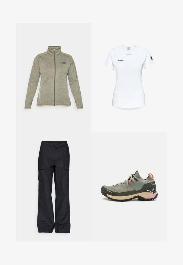 Giacca in pile grigio chiaro con zip completa, colletto alto, tasca con zip sulla manica, tasche laterali e logo Patagonia sul petto.; Maglietta atletica bianca a maniche corte con colletto rotondo, dotata di un logo sul petto e una texture di tessuto liscia e leggera.; Columbia BREA FALLS™ COTTON RIPSTOP PANT - Pantaloni outdoor - black; Scarpa da trekking leggera verde con materiali in rete e gomma, suola antiscivolo nera, accenti rosa e arancioni e punta rinforzata.