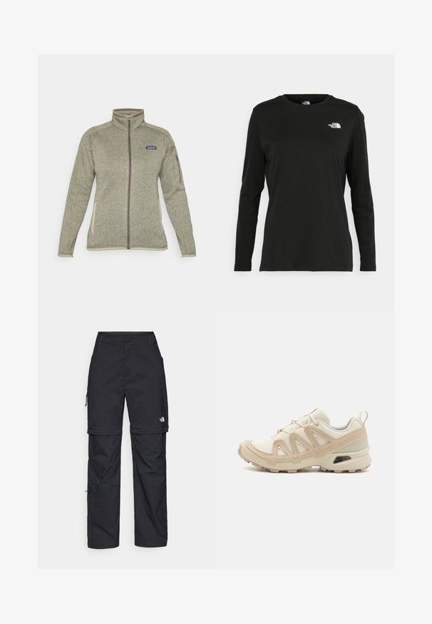 Lys grå hel-lukket fleecejakke med ståkrage, glidelåslomme på armen, sidelommer og Patagonia-logo på brystet.; Svart langermet T-skjorte laget av bomull med rund hals. Har en liten hvit logo på venstre brystområde. Enkelt design og passform.; Svarte nylon cargo-bukser med glidelås og justerbare mansjetter, flere lommer og en logo på høyre bein. Glatt, lett tekstur.; Beige og krem joggesko med teksturert mesh-overdel, støttende overlegg og gummisåle med et mønster for godt grep.