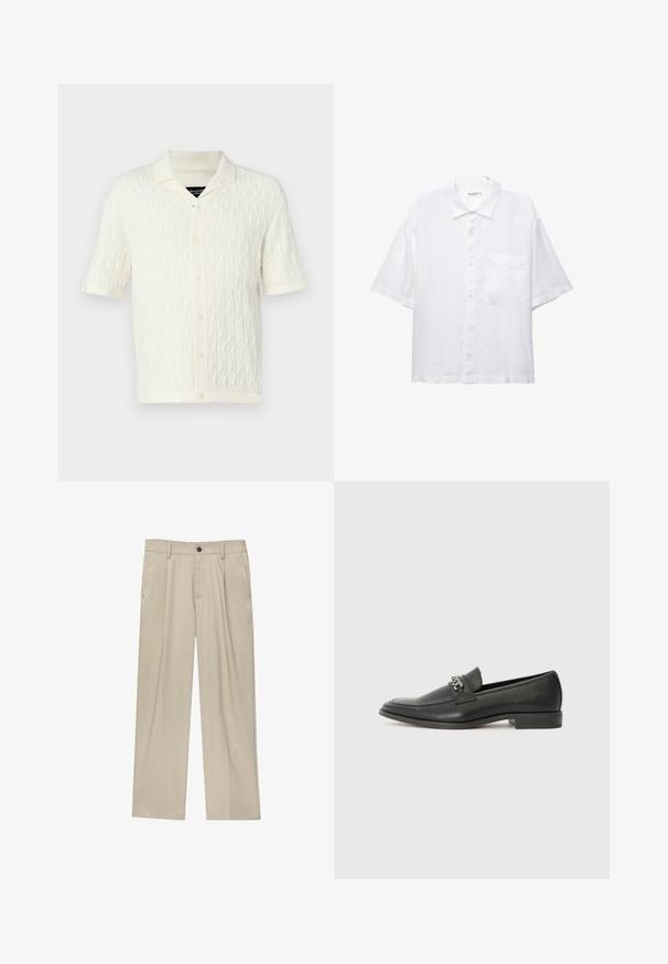 Polo majica s kratkimi rokavi v kremni barvi z teksturiranim valovitim vzorcem, opremljena s ovratnikom, petimi gumbi ter rebrastim robom in rokavi.; Bela kratkosleeve srajca z gumbnim zapiranjem spredaj, ovratnikom in enim žepom na prsih. Narejena je iz lahkega materiala z gladko teksturo.; Bež hlače ravnega kroja, z enim črnim gumbom, zanke za pas in stranskimi žepi. Gladka tekstura tkanine in minimalističen dizajn.; Črni usnjeni loafer z gladko površino, ki ima šivano zasnovo in dekorativni kovinski verižni naglas preko vampirja. Ravno peto.