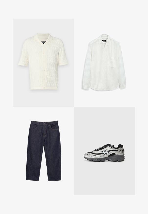 Polo à manches courtes en crème avec un motif de vagues texturé, doté d'un col, de cinq boutons et d'un ourlet et de manches côtelés.; Chemise blanche à manches longues avec de fines rayures verticales. Design à boutons, poche poitrine simple et tissu texturé doux avec une coupe décontractée.; Jeans en denim droit bleu marine avec fermeture à bouton et zip à l'avant, et cinq poches, présentés sur fond blanc.; Baskets de sport argent et noir avec une tige en mesh, une semelle rembourrée, un design à lacets, et un détail de marque sur le côté.