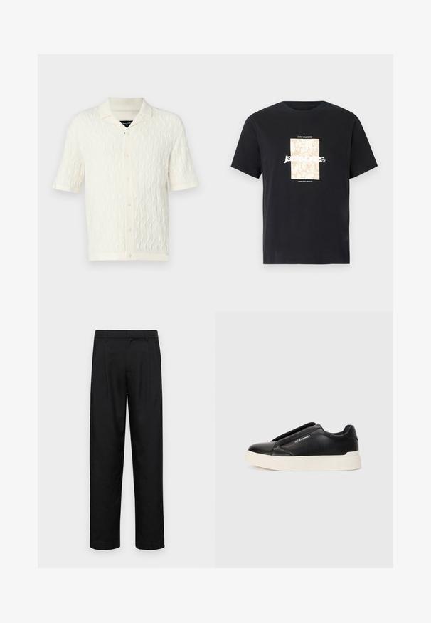 Polo de manga corta en color crema con un patrón de ondas texturizadas, que cuenta con un cuello, cinco botones y un dobladillo y mangas acanalados.; Camiseta de algodón negra con cuello redondo. Presenta un gráfico rectangular beige y texto blanco, "JAWO," centrado en la parte delantera. Mangas cortas.; Pantalones negros de tela suave, con un diseño de pierna recta, dos pliegues frontales y una cintura estándar con trabillas para el cinturón.; Zapatillas negras sin cordones con parte superior de cuero texturizado, suela de goma blanca y sin cordones visibles. Presenta el logo de la marca en el costado.