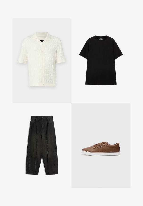 Lyhythihainen polo-paita, jossa on kerma väritys ja teksturoitu aaltoilu kuvio. Paita sisältää kauluksen, viisi nappia sekä ribbausta helmasävyssä ja hihoissa.; PULL&BEAR JOIN LIFE - T-paita - black; Mustat leveälahkeiset farkut, joissa on näkyvät saumat ja rispaantuneet reunat. Niissä on kaksi etutaskua ja korkea vyötärö.; Ruske nahkakengät, joissa on valkoinen pohja, pyöreä kärki ja nauhakiinnitys. Koristeltu pienellä punavalkoisen ja sinisen lipun yksityiskohdalla.