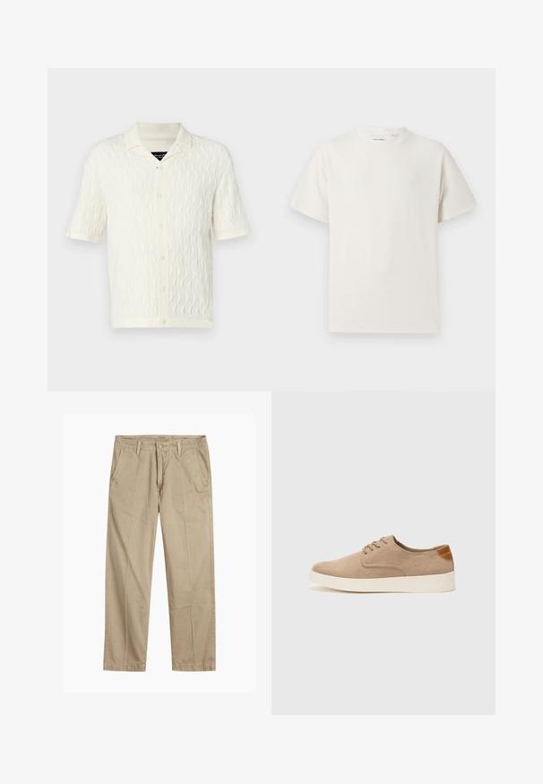 Kortermet polo skjorte i kremfarge med et strukturert bølgemønster, med krage, fem knapper og ribbestrikket hem og ermer.; Hvit T-skjorte med kort erm i ribbestrikket tekstur. Rund hals, avslappet passform, ingen synlige mønstre eller detaljer. Enkelt og allsidig design.; Beige straight-leg chinos med beltehemper, frontlukking med knapp og glidelås, og skrå frontlommer.; Beige semskinnsko med rund tå, snøring foran og en teksturert bakre aksent. Hvit gummisåle gir kontrast. Enkelt og moderne design.