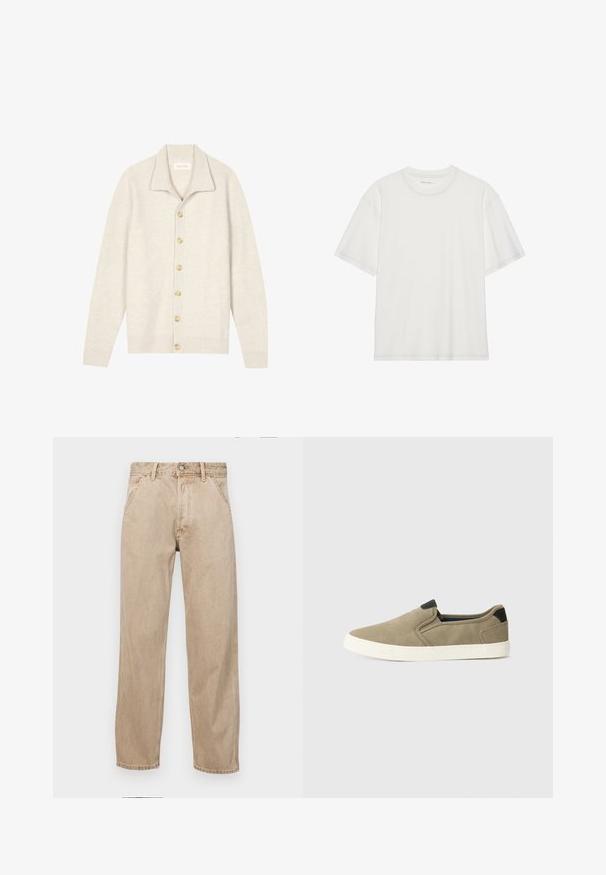 Gai beigtas kardigāns, izgatavots no ribota auduma, ar apkakles izgriezumu, kam priekšpusē ir septiņas beigtas pogas un garām piedurknēm.; Balts kokvilnas T-krekls ar īsām piedurknēm, noapaļota kakla izgriezums un kontrastējošs šuvums ap kakla izgriezumu un piedurknēm.; Beige džinsi ar taisnu kāju dizainu, ar priekšējiem kabatām, metāla pogu aizdari un smalku faktūru.; Taupe krāsas slip-on apavi ar teksturētu auduma virsu, kontrastējošu melnu papēdi un baltu gumijas zoli. Perforēta konstrukcija gaisa caurlaidībai.