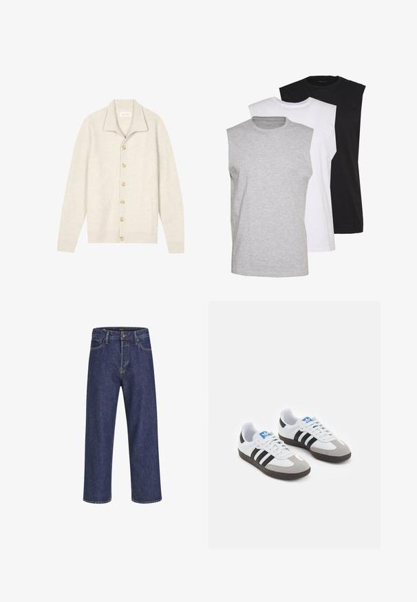Svetlo bež kardigan iz rebraste teksture s ovratnikom, opremljen sa sedam bež dugmadi na prednjem delu i dugim rukavima.; Tri brezrokavne majice v sivi, beli in črni barvi. Mehka bombažna tkanina s krojnim ovratnikom in sproščenim fit. Enostavna zasnova, brez vzorcev.; Temno modri jeans z ravnim krojem, zasnovo s petimi žepi, kovinskim gumbom za zapiranje in kontrastnim šivom ter subtilno teksturo.; Športni čevlji z belim usnjenim zgornjim delom, sivim semišem na prstih in tremi črnimi črtami. Imajo modro logo na jeziku in teksturiran gumijast podplat.