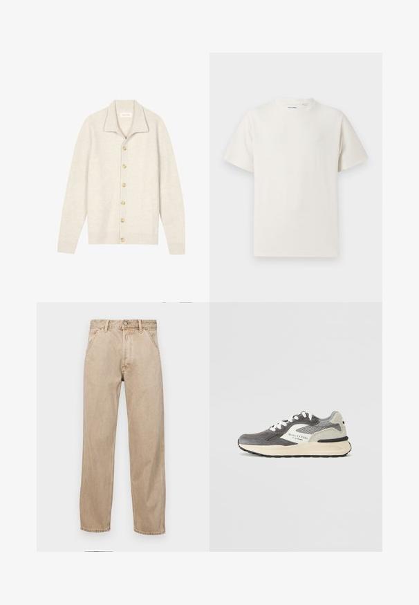 Gai beigtas kardigāns, izgatavots no ribota auduma, ar apkakles izgriezumu, kam priekšpusē ir septiņas beigtas pogas un garām piedurknēm.; Balta krūštura īsām piedurknēm ar ribota auduma faktūru. Apaļš kakla izgriezums, brīvs griezums, bez redzamām rakstām vai akcentiem. Vienkāršs un daudzpusīgs dizains.; Beige džinsi ar taisnu kāju dizainu, ar priekšējiem kabatām, metāla pogu aizdari un smalku faktūru.; Vīriešu kedas ar pelēku zamšādu un acu audumu, baltām akcentēm, melnu gumijas zoli un logotipa detaļu sānā.