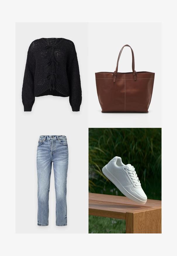 Svart stickad tröja med lös passform, knytframslutning och ribbad nederkant. Strukturerad tyg och ballongärmar ger dimension.; Blus med blommönster i mörk marinblått, med beige och ljusblå accenter, knäppning framtill och trekvartsärmar.; Ljusblå denimjeans med rak passform, hög midja, blek textur och fem fickor. Har metallknapp och dragkedjestängning.; Vita sneakers med en slät syntetisk ovandel, perforerat tåparti, platta snören och en strukturerad sula, placerade på en träyta.; Brun läder tote-väska med dubbla handtag, har kontrasterande sömmar och en rymlig design, lämplig för vardagligt bruk.