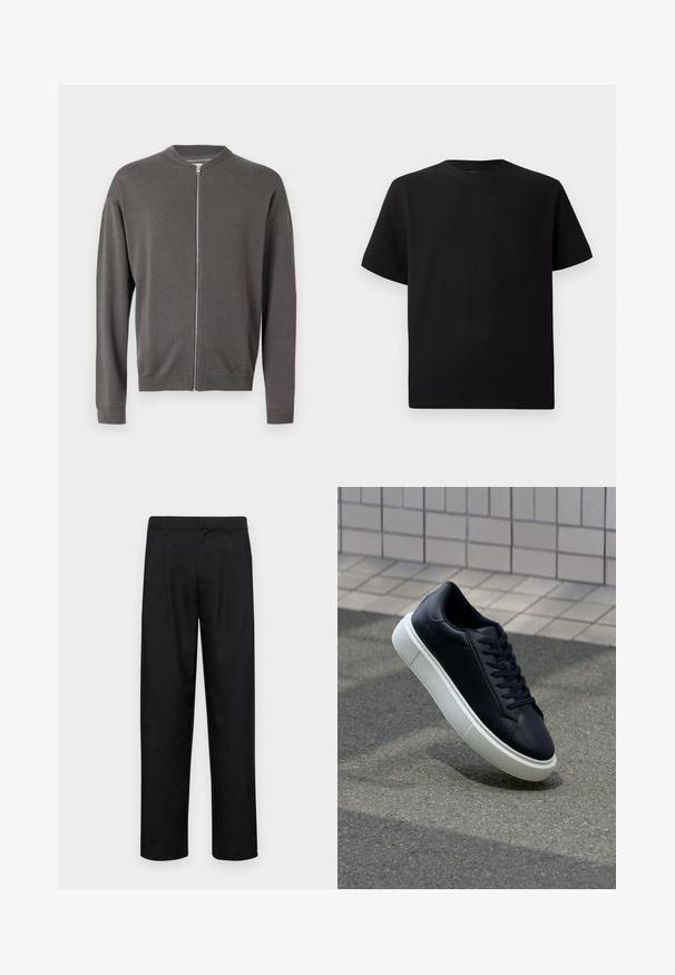 Szary dzianinowy sweter zapinany na zamek, z okrągłym dekoltem, prążkowanymi mankietami i dołem. Charakteryzuje się gładką fakturą i zapięciem na zamek z przodu.; Czarna koszulka z krótkim rękawem, wykonana z teksturowanej tkaniny, z okrągłym dekoltem i luźnym krojem. Prosta, bez wzorów i akcentów.; Czarne spodnie wykonane z gładkiego materiału, z prostą nogawką, dwoma fałdami z przodu oraz standardowym paskiem z wypustkami na pasek.; Czarne skórzane sneakersy z okrągłym noskiem i białą gumową podeszwą. Posiadają płaskie sznurowadła i minimalne przeszycia na cholewce. Teksturowana podeszwa zapewnia przyczepność.