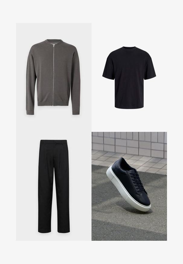 Grijze gebreide vest met rits en ronde halslijn, geribde manchetten en zoom. Heeft een gladde textuur en een rits aan de voorkant.; Zwarte katoenen t-shirt met een ronde halslijn, korte mouwen en een relaxte pasvorm. Glad textuur en geen zichtbare patronen of accenten.; Zwarte broeken van gladde stof, met een recht model, twee voorknikken en een standaard tailleband met riemlussen.; Zwarte leren sneaker met een ronde neus en een witte rubberen zool. Voorzien van platte veters en minimale stiksels op het bovenwerk. Textuurrijke zool voor grip.