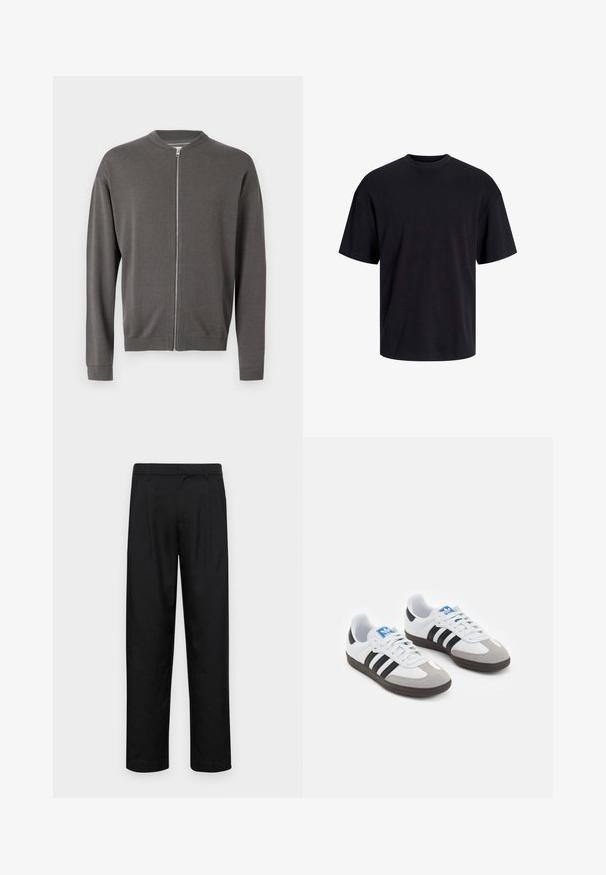 Hallide hall villane tõmbluku ja ümmarguse kaelusega sviiter, ribikätiste ja äärtega. Omab siledat tekstuuri ja esist tõmblukku.; Must must on mustre, lühikeste varrukatega ja vabalt langev. Sile tekstuur ja ilma nähtavate mustrite või aktsentideta.; Mustad mustadest riietest, millel on sirge jalgade disain, kaks eesmist voltimist ja tavaline vöökoht, millel on vöökohad.; Spordijalatsid valge nahkpealsega, halli nubuk-naha otsaga ja kolme musta triibuga. Omab sinist logo keele peal ja struktureeritud kummitalda.