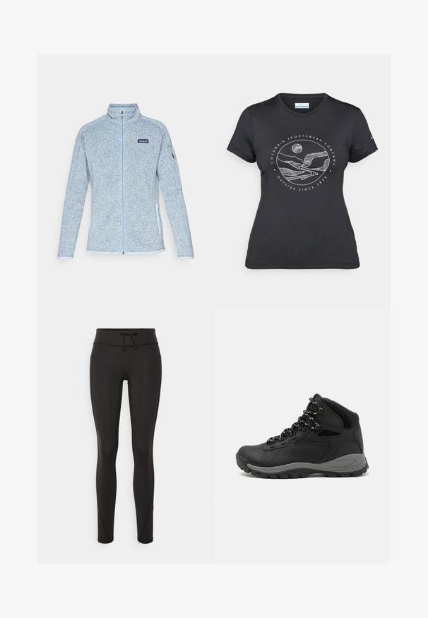 Jaqueta de fleece azul clara com um padrão texturizado, gola alta, fecho de correr completo e bolsos laterais. Apresenta um logótipo da Patagonia no peito.; T-shirt preto da Columbia com arte em linha branca circular representando montanhas e rios, e o texto "Columbia Sportswear Company Outside Since 1938."; Leggings pretos com uma cintura alta, cordão, textura suave e design ajustado. Apresentam detalhes de costura ao longo das laterais.; Bota de caminhada preta com design de cano médio, apresentando um upper texturizado, detalhes cinzentos e sola de borracha durável com cravos de tração.